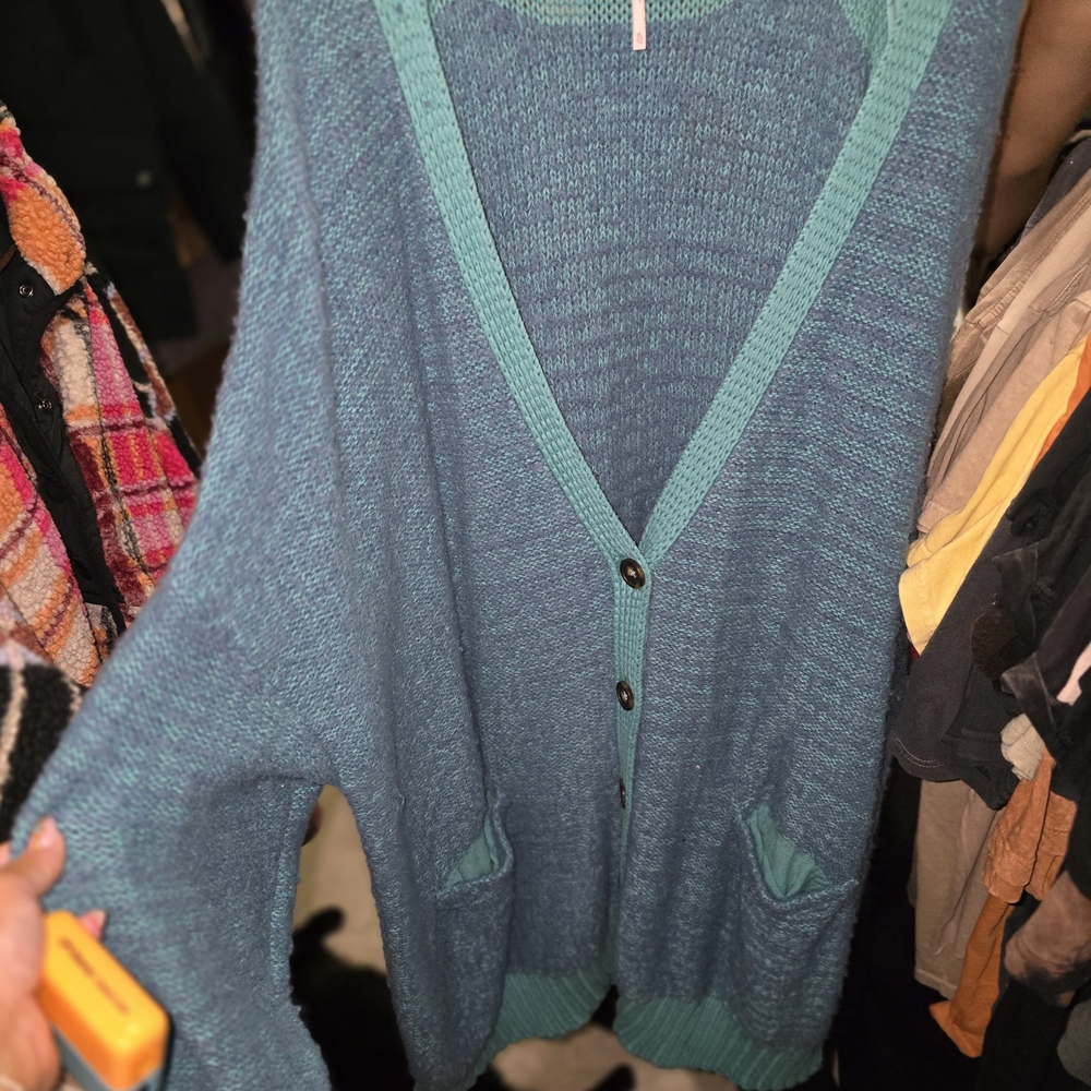 Free People Teal Button-Up Cardigan